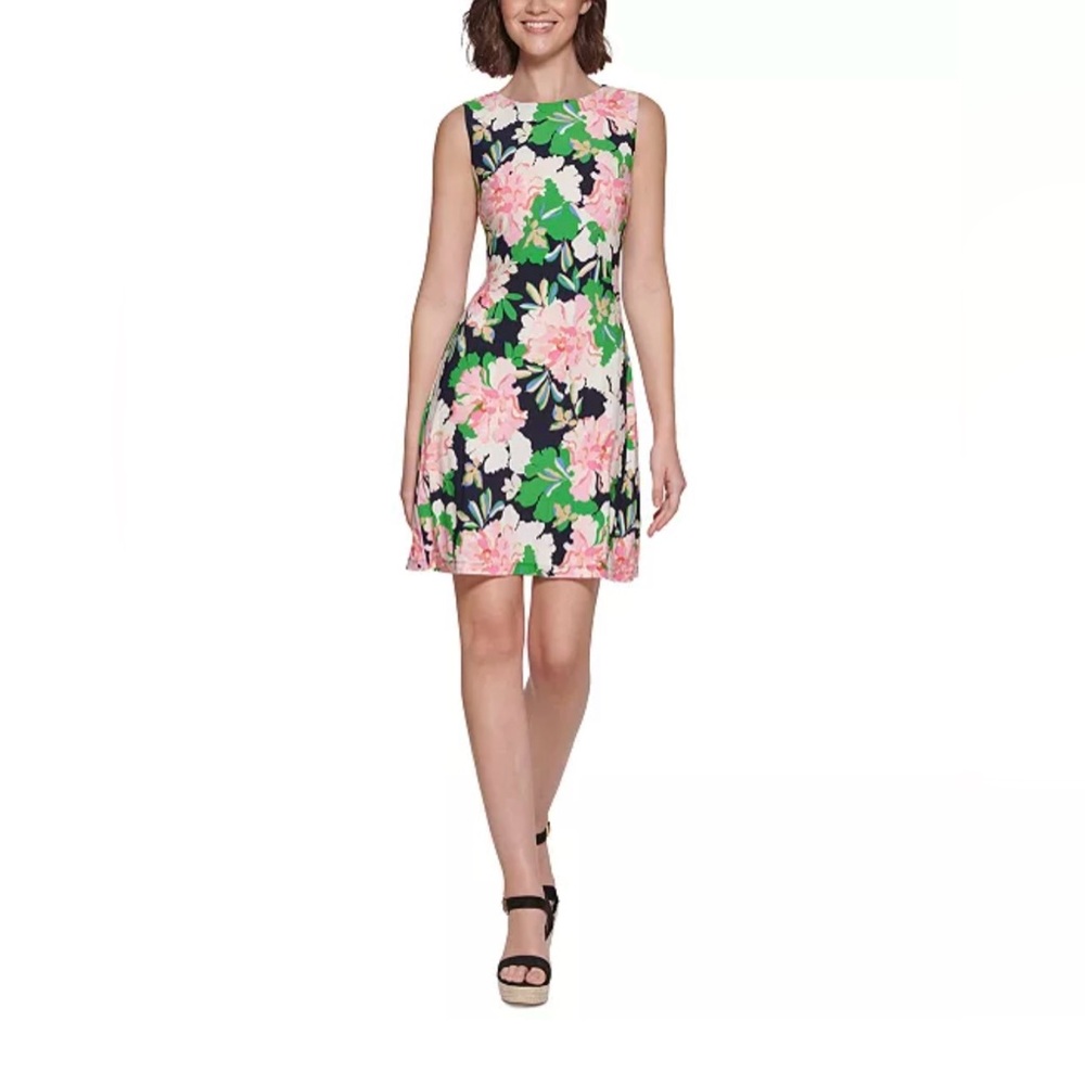 Women’s Tommy Hilfiger Pink and Green Floral Shift Dress Jersey Fabric size 8